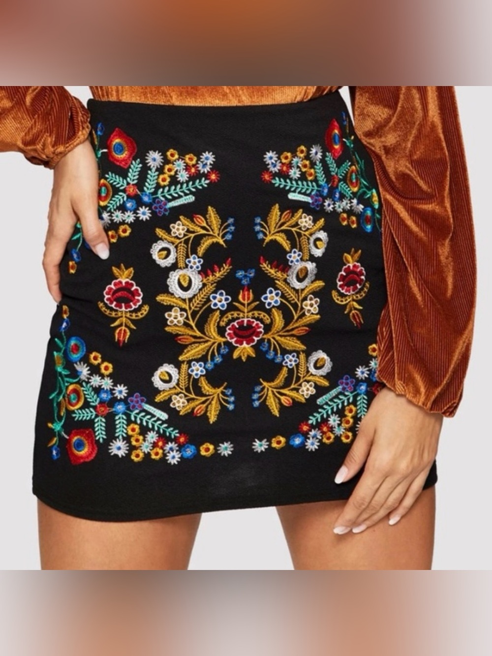 Scrap Work Embroidered Black Mini Skirt with Multicolor Floral Motifs